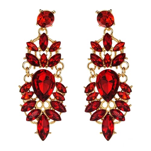 Rhinestone Drop Earrings for Women Chunky Gold Crystal Teardrop Earrings Statement Wedding Party Prom Bridal Jewelry - color: Red