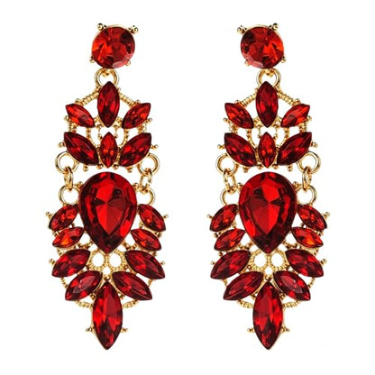 Rhinestone Drop Earrings for Women Chunky Gold Crystal Teardrop Earrings Statement Wedding Party Prom Bridal Jewelry - color: Red