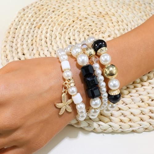 Bohemian Pearl Bracelet Set, 4 Piece Elastic Stretch Beaded Wrist Chain with Starfish Pendant, Boho Faux Pearl Multi-Color Stackable Bracelets for Women - color: Black