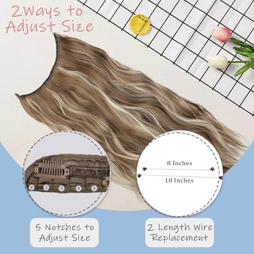 Ash Brown Halo Hair Extensions with Beach Blonde Highlights | 20 Inch Wavy Synthetic Fiber with Invisible Wire and 4 Secure Clips for Easy Daily Styling and Party Wear - color: Ash Brown with Beach Blonde