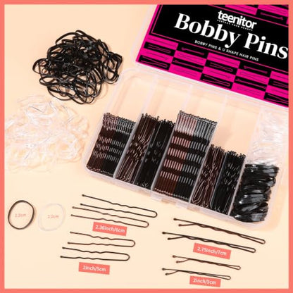 Teenitor 300pcs Bobby Pins Hair Pins, 100 Hair Pins 100 Bobby Pins Brown Hair Black for Women 100 Hair Bands 2inch 2.36inch 2.75inch Brown Black - color: Brown/Black