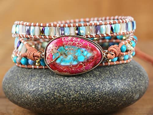 Handmade Boho Wrap Bracelets Natural Turquoise Crystal Stone Variety Beaded Strand Bracelet - color: Imperial Jasper