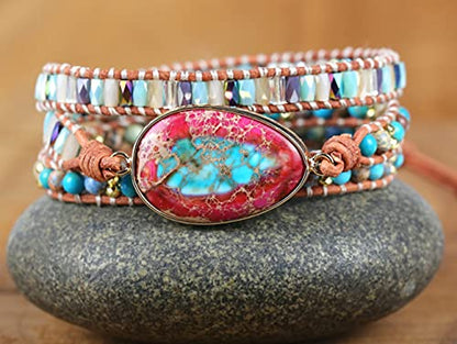 Handmade Boho Wrap Bracelets Natural Turquoise Crystal Stone Variety Beaded Strand Bracelet - color: Imperial Jasper