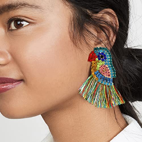 Parrot Earrings for Women, Bird Parrot Tassel Earrings for Womens, Rhinestone Parrot Dangle Earring Hypoallergenic, Cubic Zirconia Parrot Drop Earring, Parrot Jewelry Funny earrings