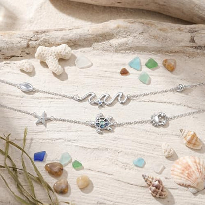 FLYOW Sea Turtle Wave Cowrie Shell Layered Anklet Bracelet Sterling Silver | Adjustable 9-11 Inch Natural Abalone Shell Starfish Crab Boho Beach Summer Jewelry, Birthday Holidays Gifts for Women