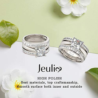 Jeulia 4.37 Carat Engraved Pricess Cut Cubic Zirconia Engagement Ring Diamond Wedding Bands for Women CZ Solitaire Sterling Silver Anniversary Bridal Promise Rings Set