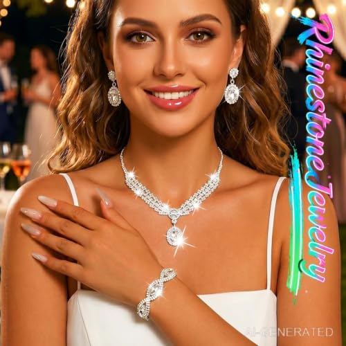 Silver Rhinestone Jewelry Sets Wedding Necklace Set for Women | Bridal Necklace Earrings Bracelet,Sparkly Crystal Prom Costume 3Pcs