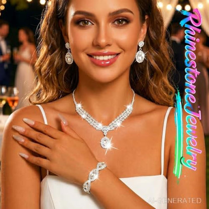 Silver Rhinestone Jewelry Sets Wedding Necklace Set for Women | Bridal Necklace Earrings Bracelet,Sparkly Crystal Prom Costume 3Pcs