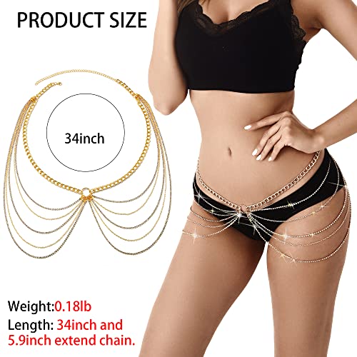 Rhinestone Body Chains Jewelry For Women And Girls Sexy Belly Waist Chain Bikini Beach Accessories Suitable for a Variety of Carnival scenes - style: Medium-34INCH GOLD