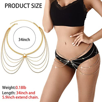 Rhinestone Body Chains Jewelry For Women And Girls Sexy Belly Waist Chain Bikini Beach Accessories Suitable for a Variety of Carnival scenes - style: Medium-34INCH GOLD