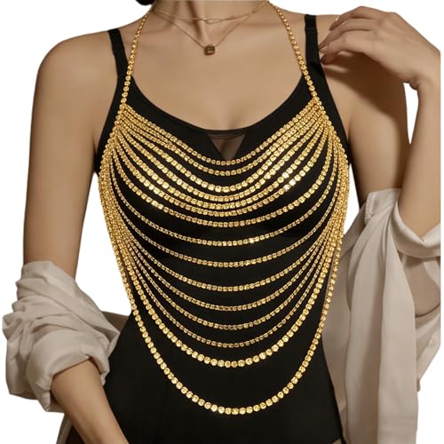 Multi-Layer Body Chain Necklace Rhinestone Chain Halter Top Body Jewelry Sexy Tassel Chest Chain Rave Nightclub Accessory - color: Gold