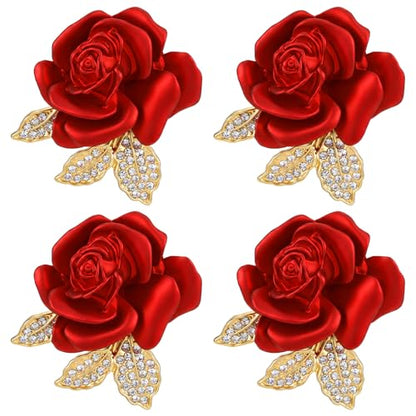4pcs Rose Brooch, Elegant Red Rhinestone Rose Pin, Crystal Roses Brooches for Women Dress Party Dance Wedding Gift Accessories Jewelry