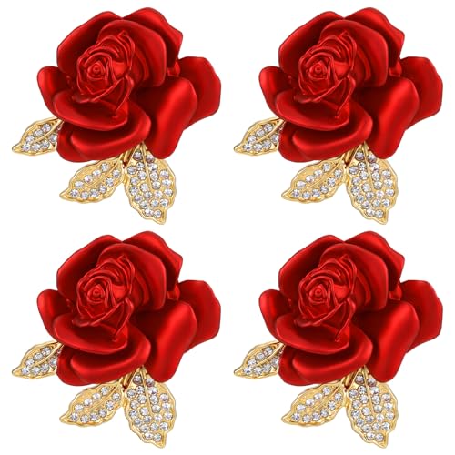 4pcs Rose Brooch, Elegant Red Rhinestone Rose Pin, Crystal Roses Brooches for Women Dress Party Dance Wedding Gift Accessories Jewelry