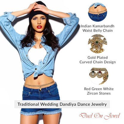 Duel On Jewel Indian Kamarbandh Waist Belt for Women, Gold Plated Waist Belly Dancer’s Chain with Zircon Accents, Adjustable Bridal Wedding Dandiya Party Dance Jewelry, Traditional Ethnic Hip Chain - style: Ethnic