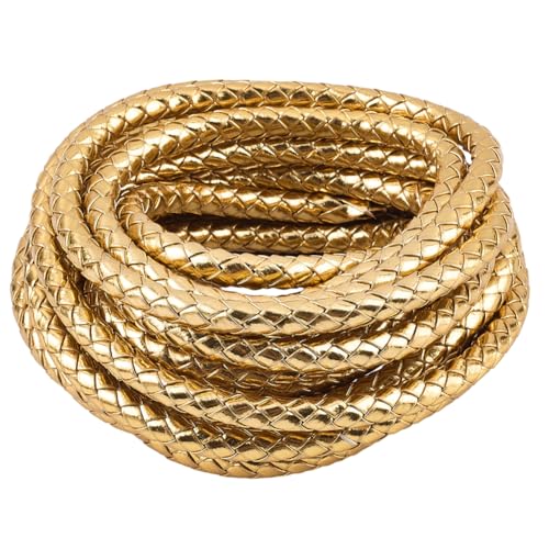 GORGECRAFT 5.5 Yard PU Leather Cord 8mm Metallic Round Braided Bolo Leather Cord Gold Leatherette Strip Braiding Antique Strap for DIY Crafts Bracelet Choker Necklace Anklets Keychain Jewelry Making - color: Gold, size: 5.47 yard x 0.32 inch
