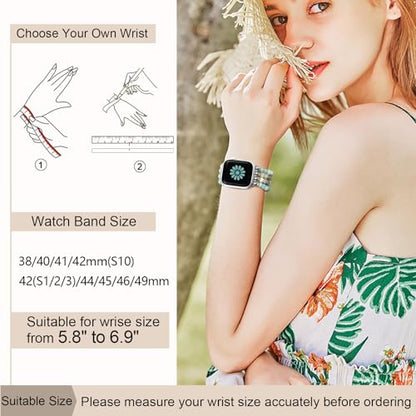 Newlibery Natural Stone Bracelet Beaded-Band Women Compatible with Apple Watch 42mm(S3/2/1) 44/45/46/49mm Feminine Handmade Stretch Strap for iWatch Series 11/10/9/8/7/6/5/4/3/2/1 SE 3/2/1 Ultra1/2/3 - color: A3 Light green and white, size: 46(s10/11)/49/
