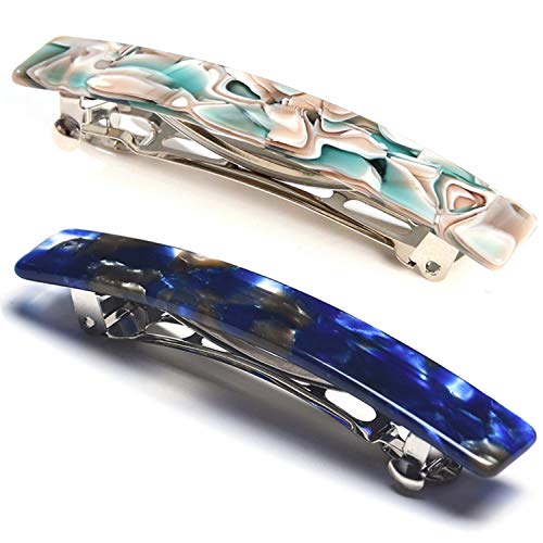 2PCS French Design Hair Barrette Tortoise Shell Celluloid Rectangle Hair Clips for Women - color: Blue,Onyx Green