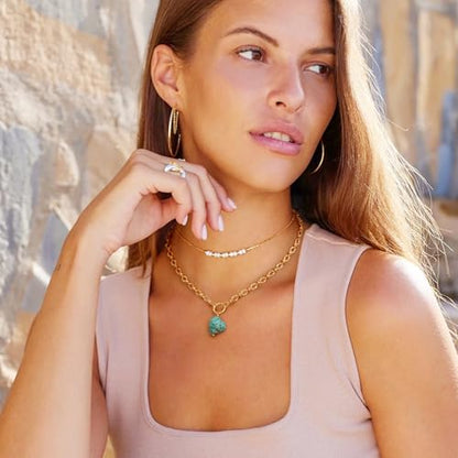 Aobei Pearl 18K Gold Plated Moon Star Lion Evil Eye Love Heart Cross Pendant Necklace Medallion Paperclip Chian Choker Layering Jewery for Women - color: Blue-green Irregular Turquoise