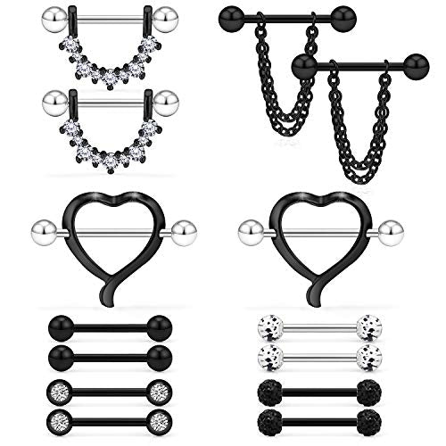 14G 9/16Inch Crystal Ball Nipple Tongue Shield Ring Barbell Body Piercing Jewelry Retainer 8-14PCS - color: 14PCS - Black