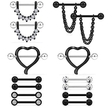 14G 9/16Inch Crystal Ball Nipple Tongue Shield Ring Barbell Body Piercing Jewelry Retainer 8-14PCS - color: 14PCS - Black