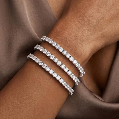 925 Sterling Silver Bracelets for Women Stack, Trendy Tennis Bangle Cuff Jewelry Set 14K Gold Plated, Adjustable Bracelet Set for Wrist Essentials, Women Fashion Watch Band Acecessories - style: Bracelet_3pcs(Silver Tennis Set 4mm)