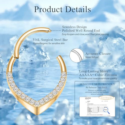 GAGABODY Daith Piercing Jewelry 16g Septum Ring Septum Jewelry Nose Hoop Daith Earring Surgical Steel Cartilage Earrings Hoop Helix Piercing Jewelry - color: 1pc Gold+ Water Droplets CZ
