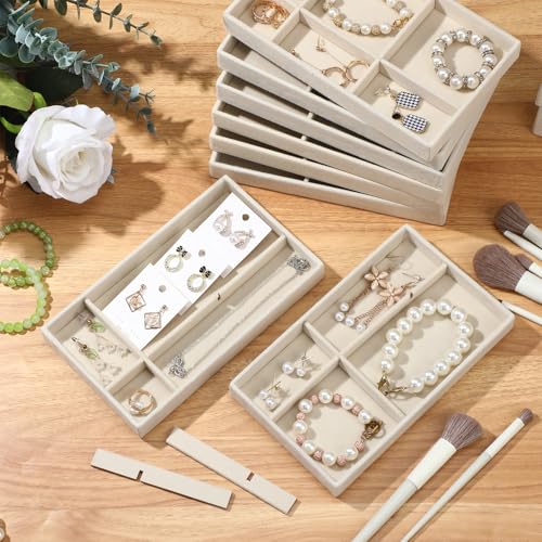 Highergo 8 Pcs Velvet Jewelry Trays Stackable Drawers Organizer Ring Earring Bracelet Necklace Storage Trays, 8.3x4.7x1''(6 Uneven Grids) - style: 6 Uneven Grids