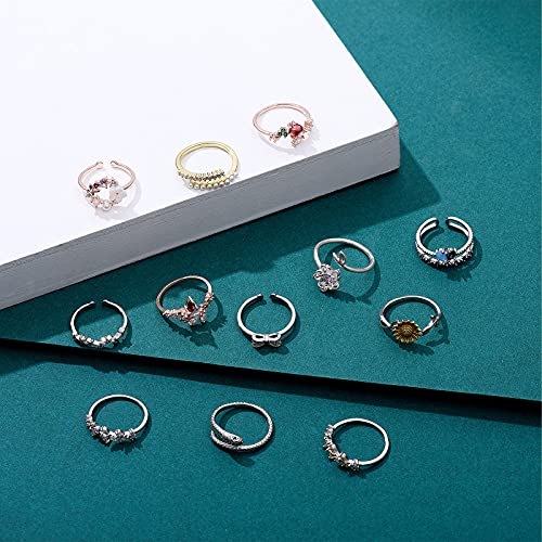 TAMHOO 9/12/15/16 Pcs Open Rings Set for Women with Sparkling Cubic Zirconia- Finger Rings Pack Stackable Rings for Teens,White Gold/Rose Gold/Gold Tone Rings for Girls - style: #2
