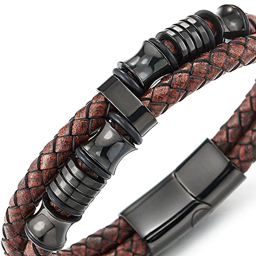 COOLSTEELANDBEYOND Mens Double-Row Braided Leather Bracelet Bangle Wristband with Black Stainless Steel Ornaments - color: G-Brown Black