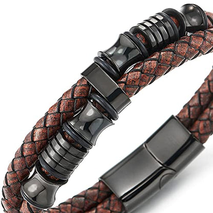 COOLSTEELANDBEYOND Mens Double-Row Braided Leather Bracelet Bangle Wristband with Black Stainless Steel Ornaments - color: G-Brown Black