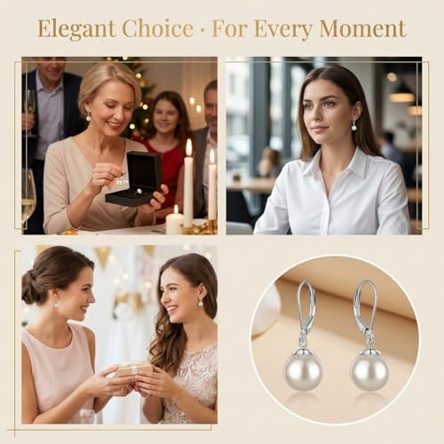 Pearl Leverback Earrings for Women Dangle Round Gemstone Earrings Birthstone Jewelry Gift Anniversary for Her - color: 30 White pearl