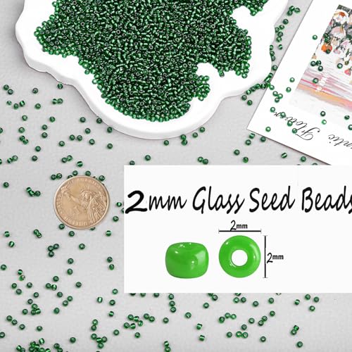 2mm Glass Seed Beads Bulk, Green with Silver 12/0 Tiny Round Seed Bead, Small Mini Pony Craft Beads for Bracelet Necklace Wrist Jewelry Making Beading Weaving DIY Crafts Supplies - color: Green with Silver