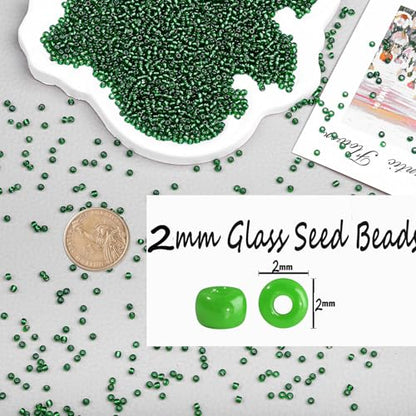 2mm Glass Seed Beads Bulk, Green with Silver 12/0 Tiny Round Seed Bead, Small Mini Pony Craft Beads for Bracelet Necklace Wrist Jewelry Making Beading Weaving DIY Crafts Supplies - color: Green with Silver
