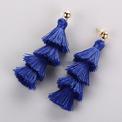 BaubleStar Bohemian Layered Tassel Drop Earrings for Women | Lightweight Statement Party Festival Jewelry - color: Royal Blue