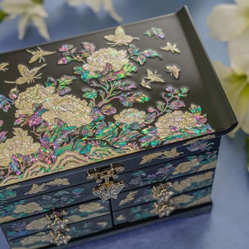 February Mountain Mother of Pearl Jewelry Box with Traditional Mother of Pearl Inlay - Elegant Floral and Butterfly Design for Her - style: Black
