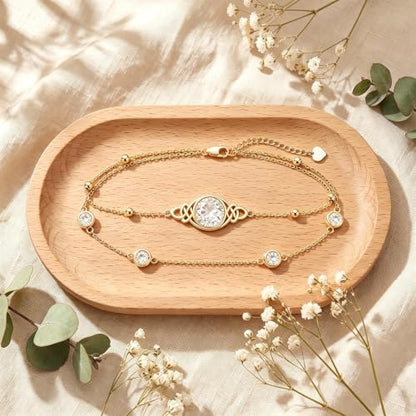 Midari 18K Gold Irish Infinity Celtic Knot Birthstone Layed Anklet Bracelet with 12 Months Birthstone Birthday Jewelry Gifts for Women Mom - color: 04-White, size: Anklet 9"-11"