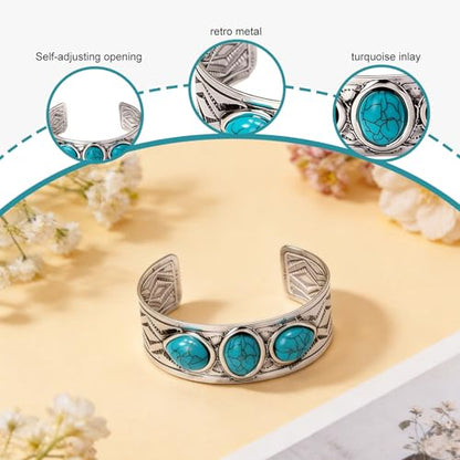 Western Turquoise Cuff Bracelet for Women, Silver-Tone Concho Boho Bracelet Southwestern Jewelry Adjustable Western Bangle for Rodeo Country Outfit Gifts