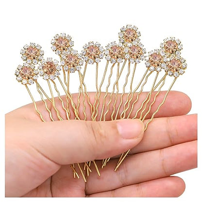 Ammei Crystal Bridal Hair Pins Clips Wedding Hair Accessories Hair Set Jewelry With Rhinestone For Brides and Bridesmaids Set Of 12 (Gold Plated Champagne) - color: Gold Plated Champagne