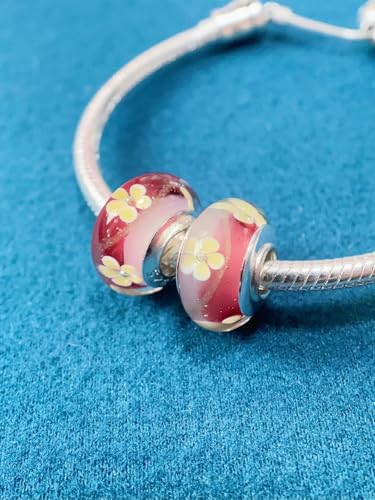 2pcs Authentic 925 Silver Murano Glass Flower Charms for Pandora Bracelets - color: 04-Red & Yellow flowers