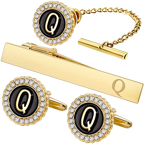 HAWSON Tie Clips, Cufflinks, Tie Tack & Lapel Pins for Men - Suitable for Neckties and French Cuff or Dress Shirt Suits - Jewelry Box Packed, Initials Designed - style: Q-4pcs Sets