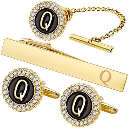 HAWSON Tie Clips, Cufflinks, Tie Tack & Lapel Pins for Men - Suitable for Neckties and French Cuff or Dress Shirt Suits - Jewelry Box Packed, Initials Designed - style: Q-4pcs Sets