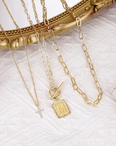 MJartoria Layered Initial Necklaces for Women Trendy, 14K Gold Plated Brass Simple Dainty Cross Choker Square Letter Pendant Necklace, Paperclip Chain Necklaces Jewelry - color: Gold, style: M