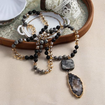 Yomisa Long Necklaces for Women Trendy, 33/34/35 inch | Boho Beaded Necklaces for Women, Natural Stone Pendant, Handmade Knotted Bead, Bohemian Holiday Summer Western Charm Jewelry - color: 34inch-Lava Stone