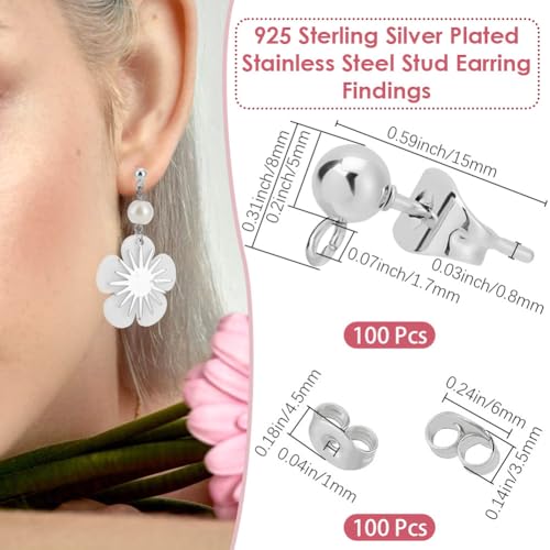 Beebeecraft 1 Box 100Pcs Ball Studs for Jewelry Making 925 Sterling Silver Plated 304 Stainless Steel Post with Loop Dangle Earring Findings Ear Backs DIY Supplies - color: Silver, size: 5mm Ball