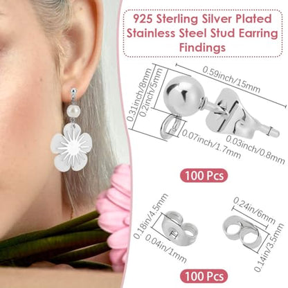 Beebeecraft 1 Box 100Pcs Ball Studs for Jewelry Making 925 Sterling Silver Plated 304 Stainless Steel Post with Loop Dangle Earring Findings Ear Backs DIY Supplies - color: Silver, size: 5mm Ball