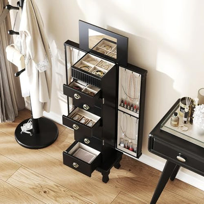 Giantex Standing Jewelry Cabinet with 7 Drawers, Flip-Top Mirror, 2 Side Doors with 12 Necklace Hooks, Divided Ring Compartments, Velvet-Lined Jewelry Armoire Organizer Chest (Black) - color: Black