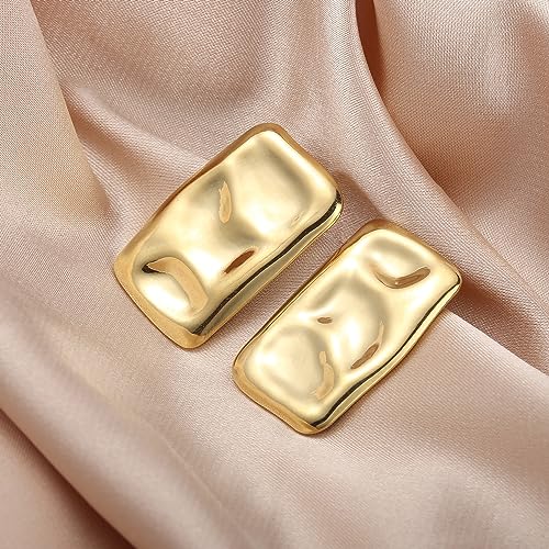 Geometric Rectangle Gold Plated Stud Earrings Irregular Hammered Chunky Statement Square Earrings for Women Trendy - color: Gold Rectangle B