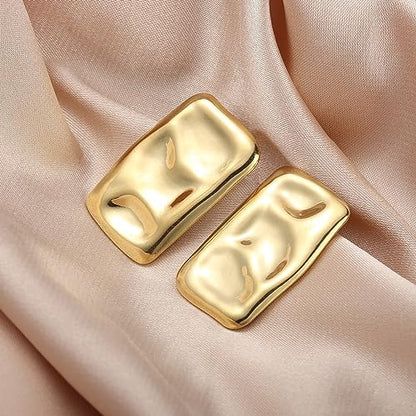 Geometric Rectangle Gold Plated Stud Earrings Irregular Hammered Chunky Statement Square Earrings for Women Trendy - color: Gold Rectangle B