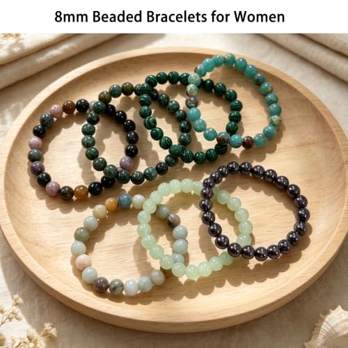 COLOYAN 7 Pcs 8mm Natural Stone Beaded Healing Crystal Bracelets for Women | Durable Handmade Stretch Bracelets, Multiple Styles,Semi-Precious Gemstones Reiki Spiritual Jewelry Gift Meditation Yoga - color: B