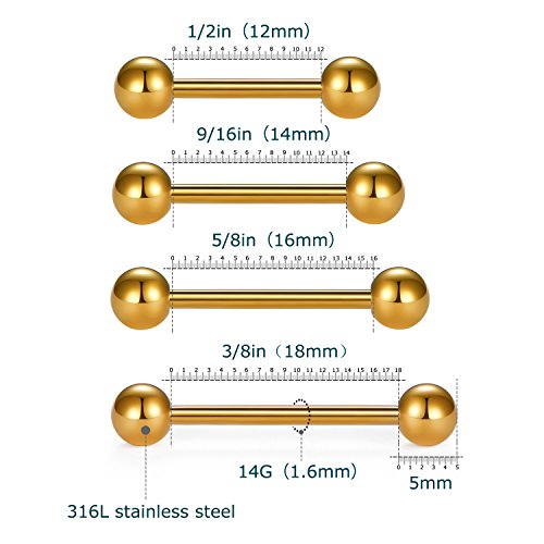 VCMART Nipple Rings Tongue Rings Stainless Steel 14G Straight Barbells Piercing Jewelry 12mm,14mm,16mm,18mm - color: 4 -gold